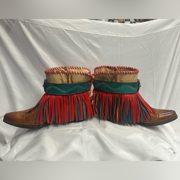 Fringed Leather Ankle Boots - Brown and Red - Picture 5 of 8